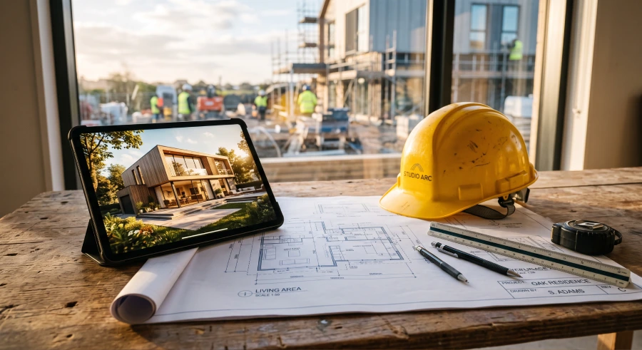 Planta arquitetônica sobre a mesa com capacete de obra e tablet mostrando projeto 3D, representando o planejamento de uma construtora em Curitiba